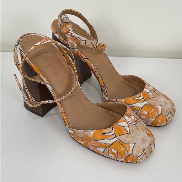 ASOS Orange Floral Women's 6 Block Heels Closed Toe Ankle Wrap Chunky Y2K Vibes - Picture 1 of 10